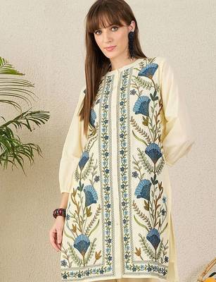 Floral Embroidered Mandarin Collar Thread Work Straight Cotton Kurta & Palazzos 3