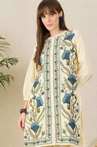 Floral Embroidered Mandarin Collar Thread Work Straight Cotton Kurta & Palazzos