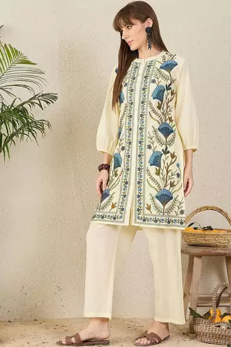 Floral Embroidered Mandarin Collar Thread Work Straight Cotton Kurta & Palazzos