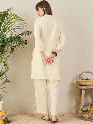 Floral Embroidered Mandarin Collar Thread Work Straight Cotton Kurta & Palazzos 5
