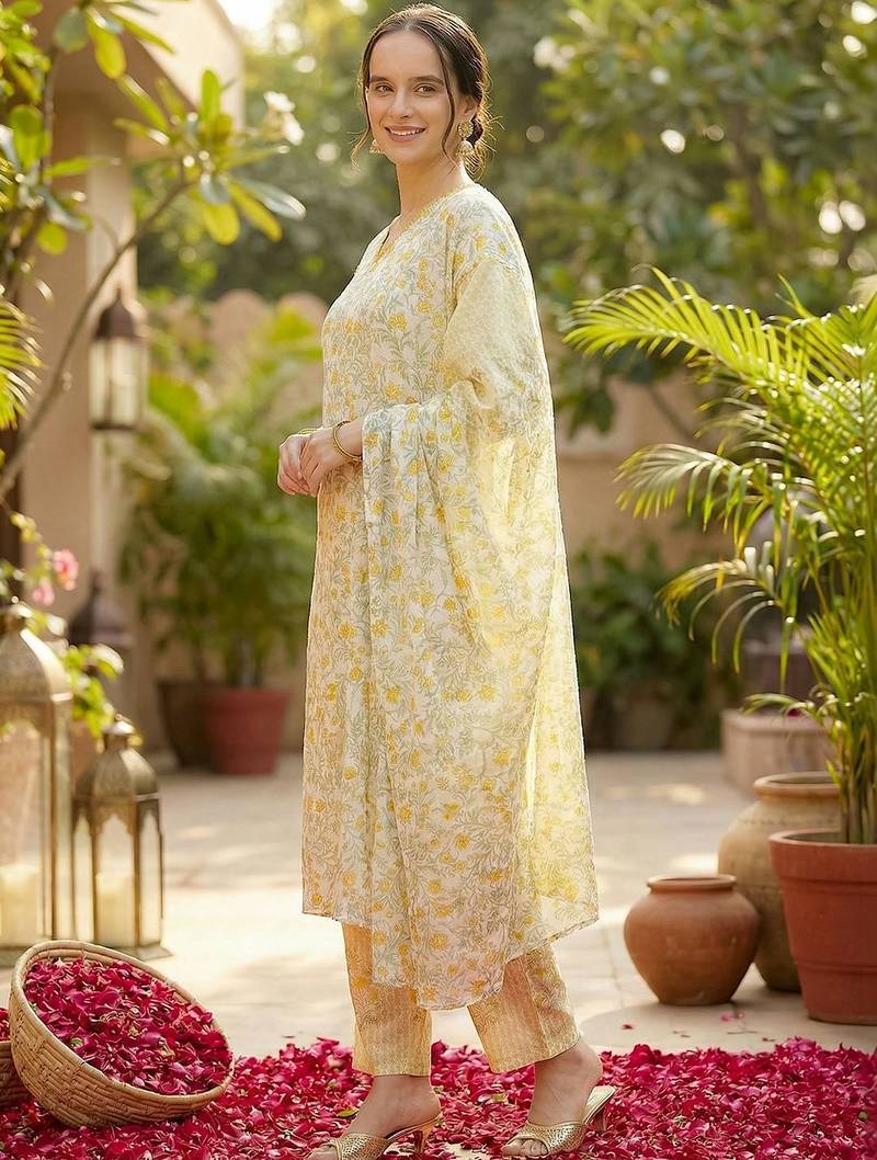 Women Floral Printed Regular Pure Cotton Kurta with Trousers & With Dupatta