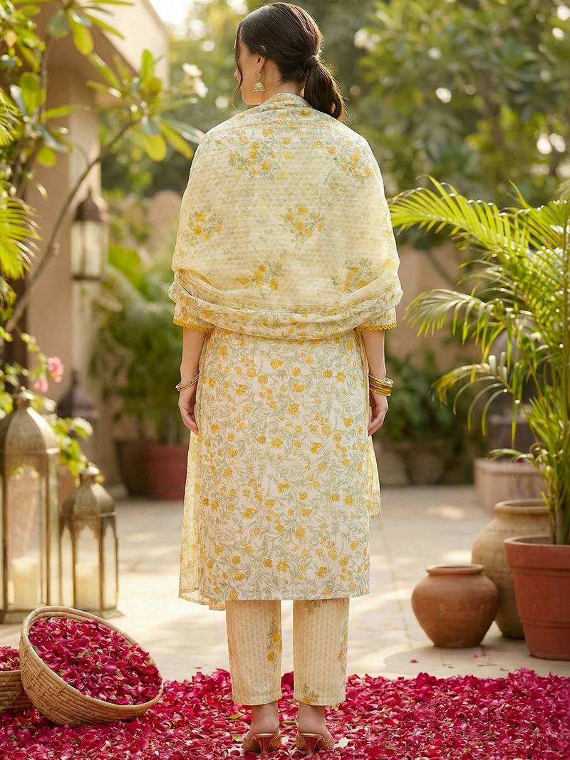 Women Floral Printed Regular Pure Cotton Kurta with Trousers & With Dupatta