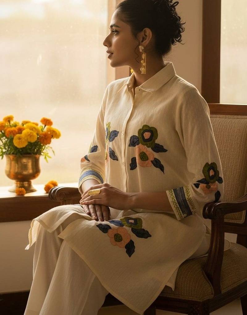 Women Floral Embroidered Regular Thread Work Pure Cotton Kurta with Trousers