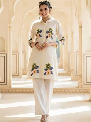 Women Floral Embroidered Regular Thread Work Pure Cotton Kurta with Trousers 2