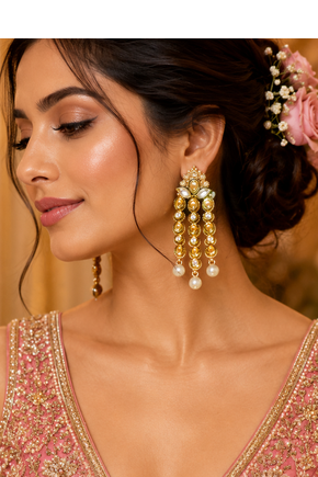Temple Style Kundan Pearl Cascade Earrings 1