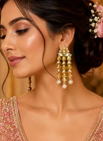 Temple Style Kundan Pearl Cascade Earrings