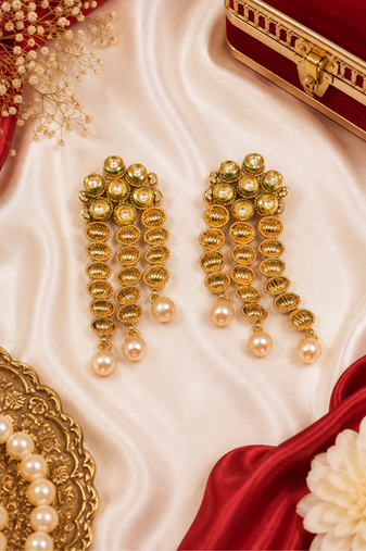 gold plated textured coin kundan earrings