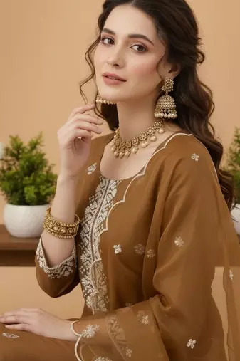 Women Ethnic Motifs Embroidered Regular Thread Work Kurta with Trousers & With Dupatta
