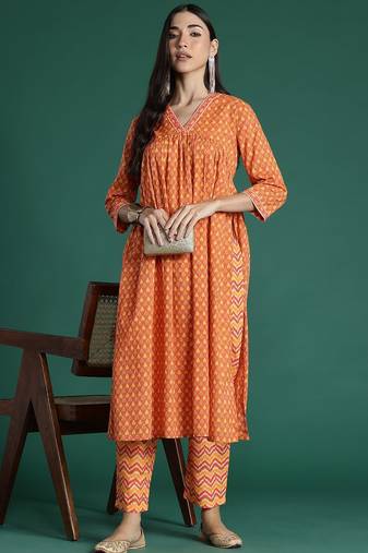 Printed Empire  Cotton Kurta with Trousers