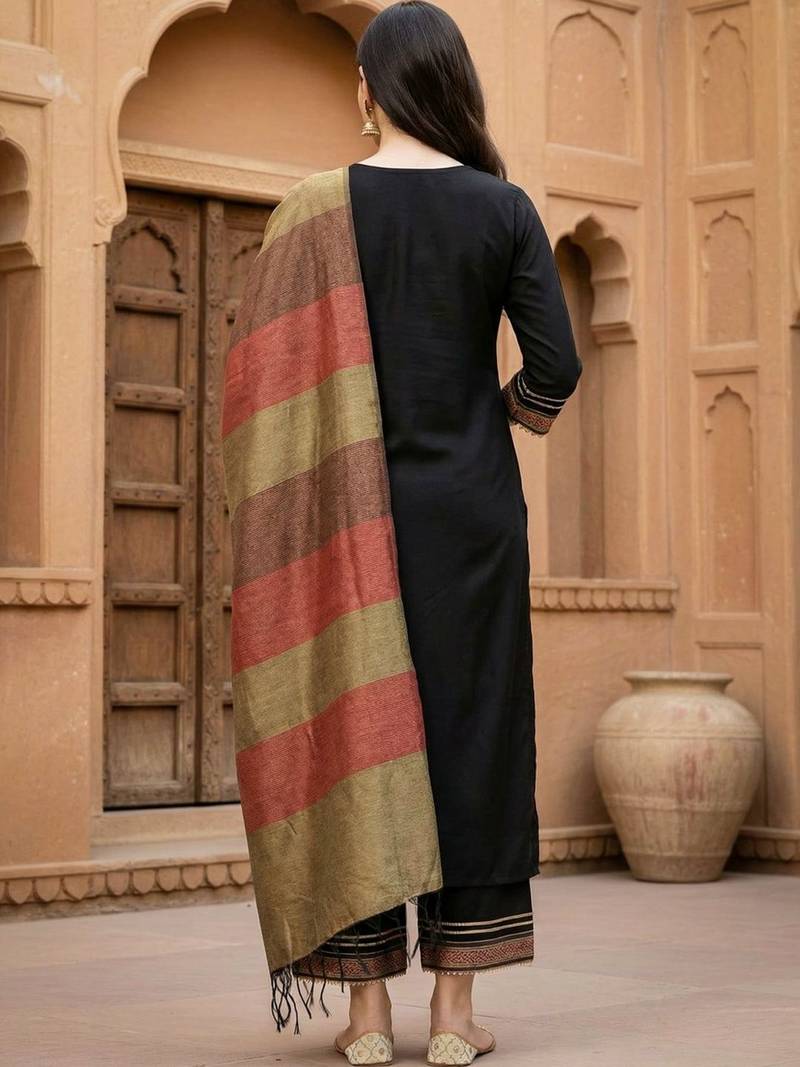 Women Ethnic Motifs Regular Patchwork Liva Kurta with Palazzos & With Dupatta