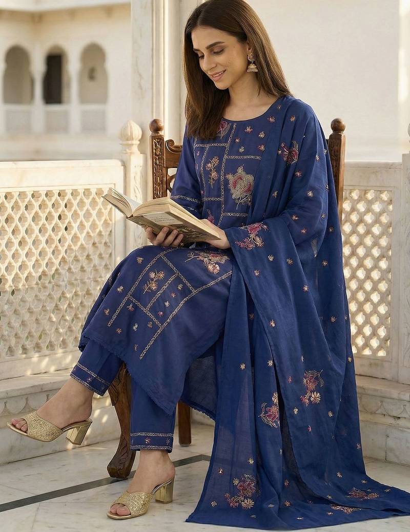Women Floral Embroidered Regular Thread Work Kurta with Trousers & With Dupatta