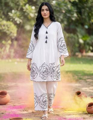 Floral Printed Pleated Mirror Work Pure Cotton Kurta with Palazzos 1