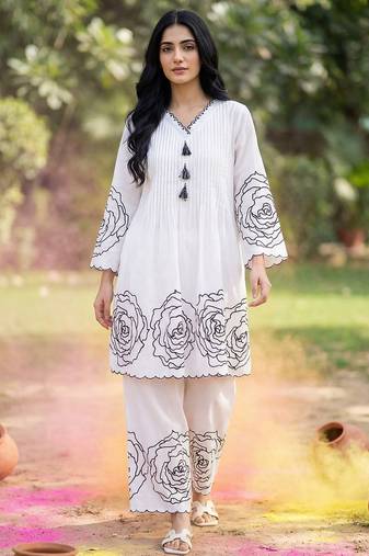 Floral Printed Pleated Mirror Work Pure Cotton Kurta with Palazzos
