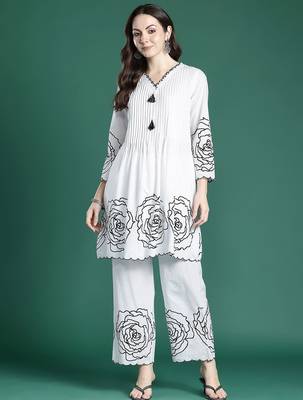 Floral Printed Pleated Mirror Work Pure Cotton Kurta with Palazzos 4