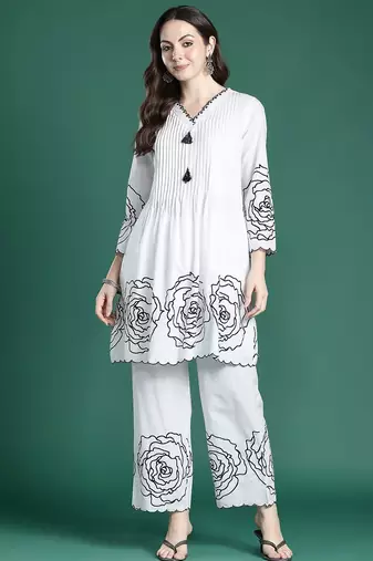 Floral Printed Pleated Mirror Work Pure Cotton Kurta with Palazzos