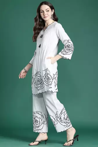 Floral Printed Pleated Mirror Work Pure Cotton Kurta with Palazzos