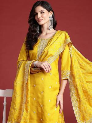 Floral Embroidered Sequinned Kurta With Trousers & Dupatta 1