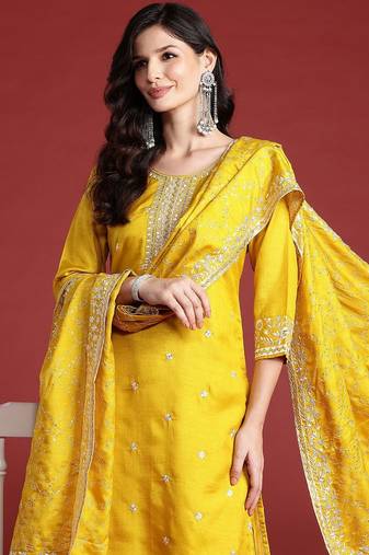 Floral Embroidered Sequinned Kurta With Trousers & Dupatta