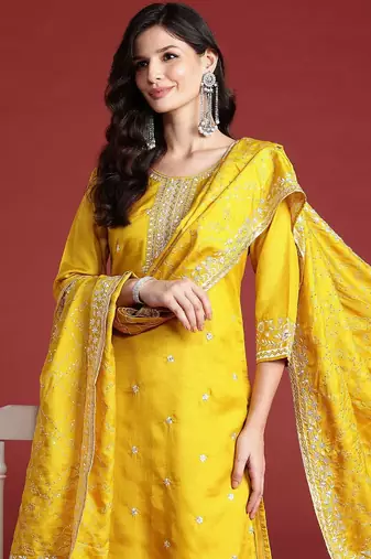 Floral Embroidered Sequinned Kurta With Trousers & Dupatta
