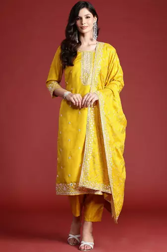 Floral Embroidered Sequinned Kurta With Trousers & Dupatta