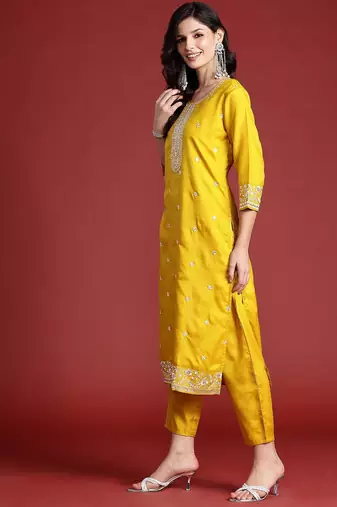 Floral Embroidered Sequinned Kurta With Trousers & Dupatta