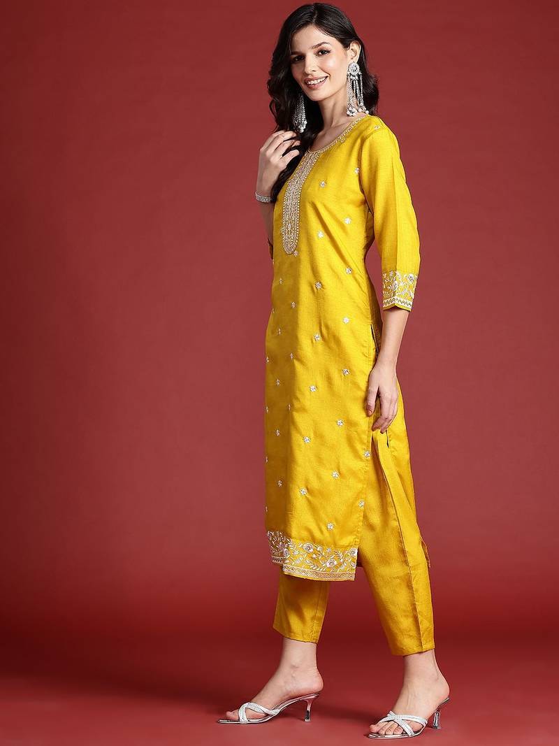 Floral Embroidered Sequinned Kurta With Trousers & Dupatta