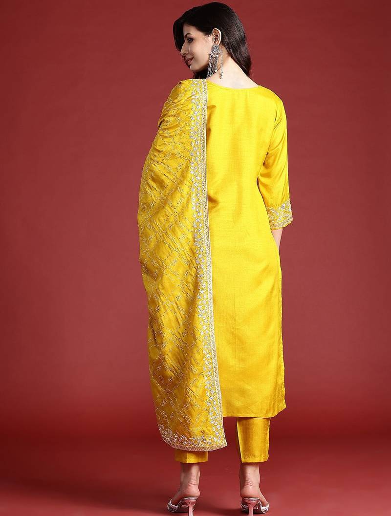 Floral Embroidered Sequinned Kurta With Trousers & Dupatta