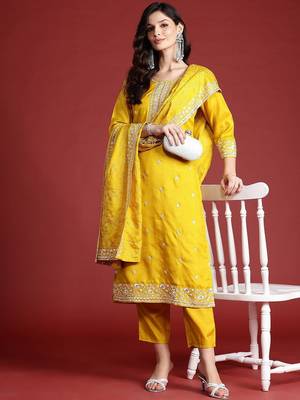 Floral Embroidered Sequinned Kurta With Trousers & Dupatta 8