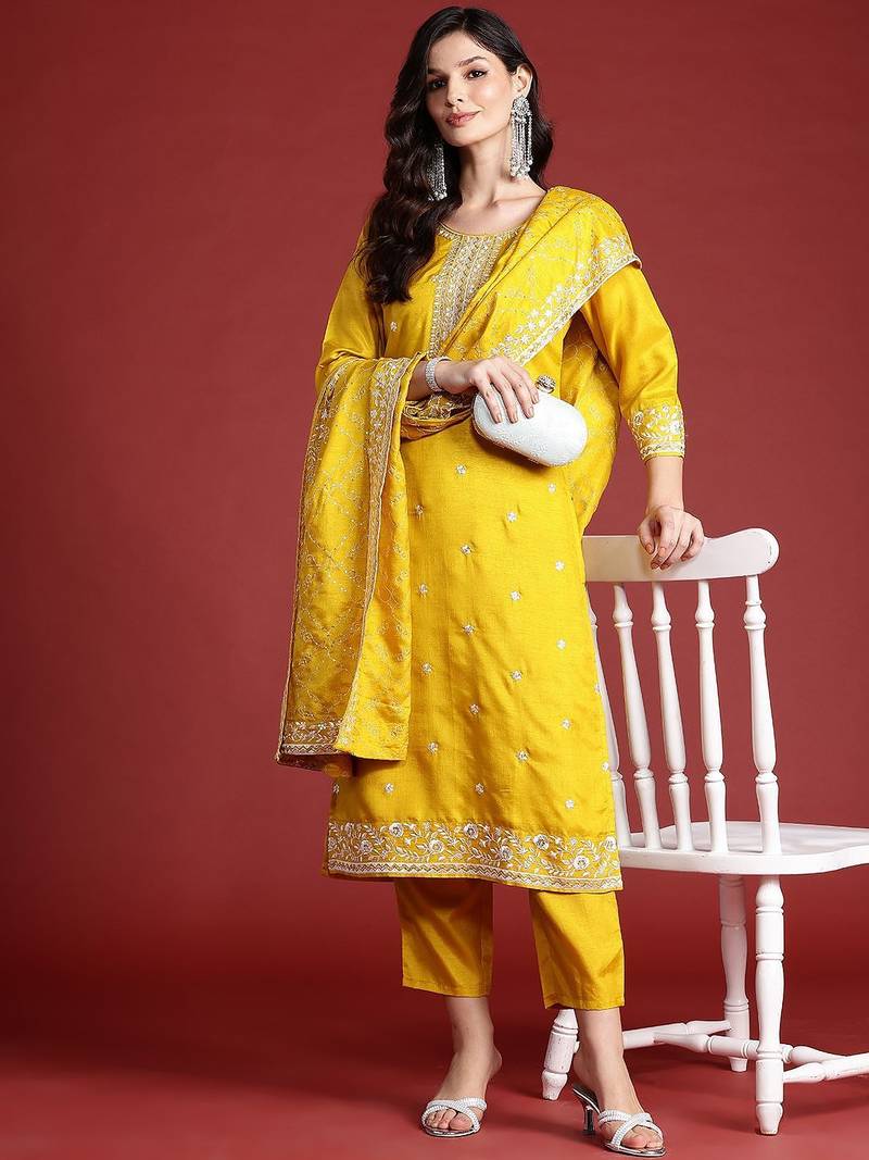 Floral Embroidered Sequinned Kurta With Trousers & Dupatta