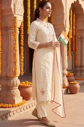 Women Ethnic Motifs Embroidered Regular Thread Work Pure Cotton Kurta with Trousers & With Dupatta