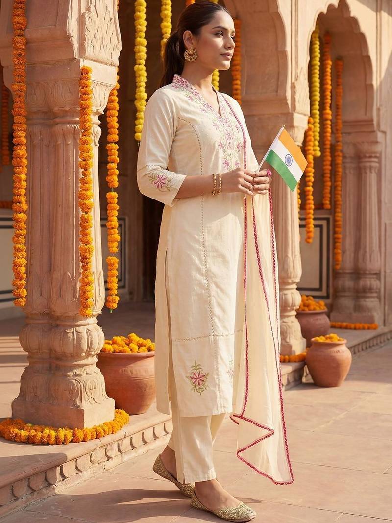 Women Ethnic Motifs Embroidered Regular Thread Work Pure Cotton Kurta with Trousers & With Dupatta