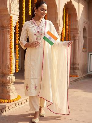 Women Ethnic Motifs Embroidered Regular Thread Work Pure Cotton Kurta with Trousers & With Dupatta 4