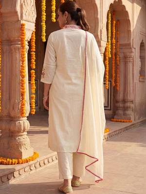 Women Ethnic Motifs Embroidered Regular Thread Work Pure Cotton Kurta with Trousers & With Dupatta 5