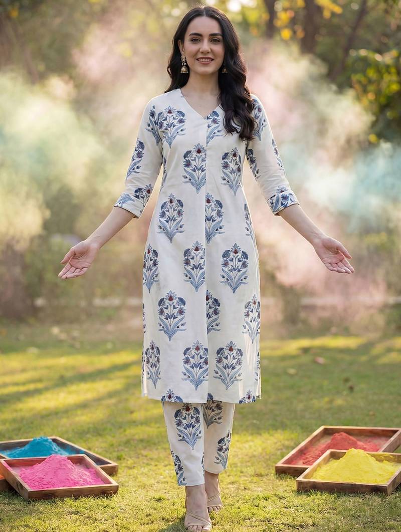 Women Floral Printed Regular Pure Cotton Kurta with Trousers