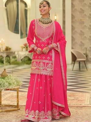 Ethnic Motifs Embroidered V-Neck Straight Kurta With Sharara & Dupatta 1