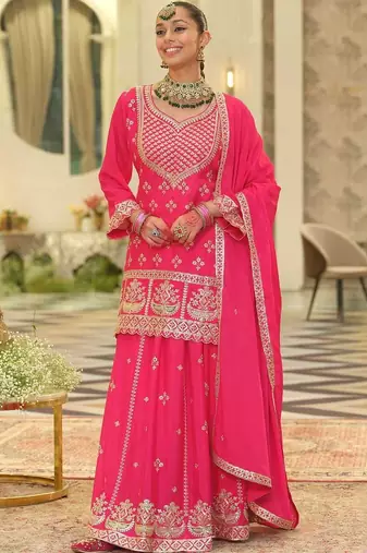 Ethnic Motifs Embroidered V-Neck Straight Kurta With Sharara & Dupatta