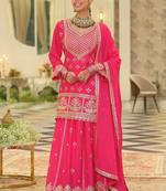Ethnic Motifs Embroidered V-Neck Straight Kurta With Sharara & Dupatta
