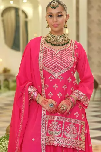 Ethnic Motifs Embroidered V-Neck Straight Kurta With Sharara & Dupatta