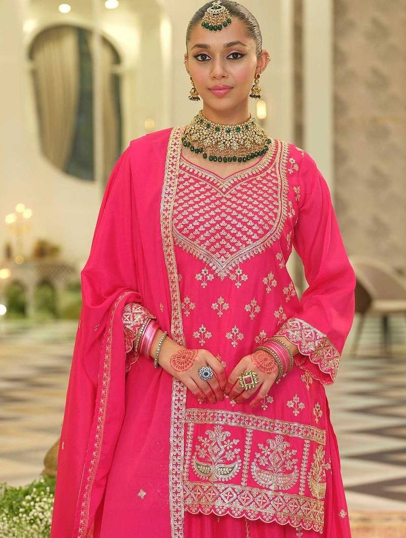Ethnic Motifs Embroidered V-Neck Straight Kurta With Sharara & Dupatta