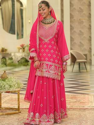Ethnic Motifs Embroidered V-Neck Straight Kurta With Sharara & Dupatta 3