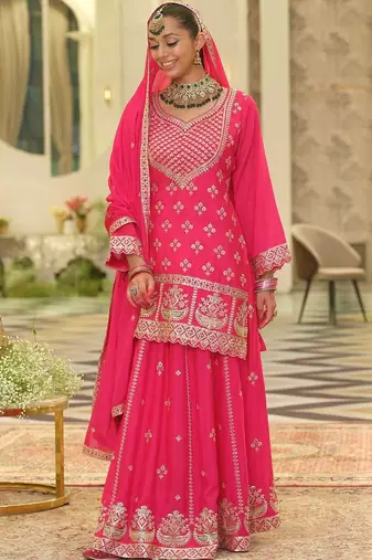 Ethnic Motifs Embroidered V-Neck Straight Kurta With Sharara & Dupatta