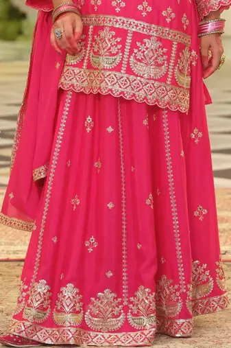 Ethnic Motifs Embroidered V-Neck Straight Kurta With Sharara & Dupatta