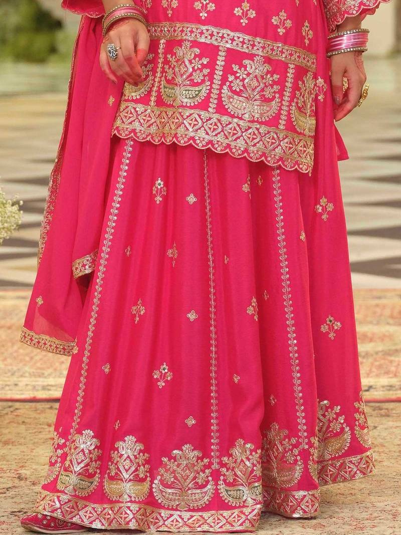 Ethnic Motifs Embroidered V-Neck Straight Kurta With Sharara & Dupatta