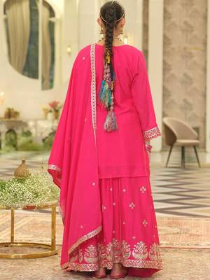 Ethnic Motifs Embroidered V-Neck Straight Kurta With Sharara & Dupatta 5