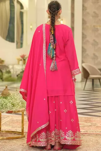 Ethnic Motifs Embroidered V-Neck Straight Kurta With Sharara & Dupatta