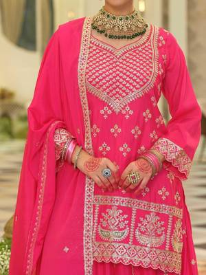 Ethnic Motifs Embroidered V-Neck Straight Kurta With Sharara & Dupatta 6
