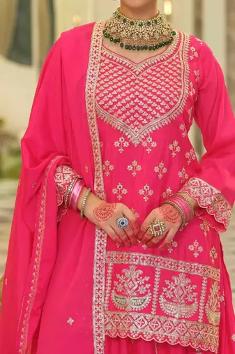 Ethnic Motifs Embroidered V-Neck Straight Kurta With Sharara & Dupatta