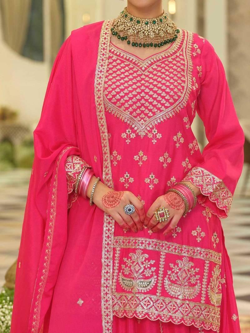 Ethnic Motifs Embroidered V-Neck Straight Kurta With Sharara & Dupatta