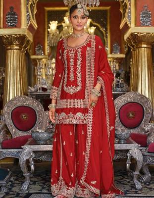 Ethnic Motifs Embroidered Kurta with Palazzos & Dupatta 2
