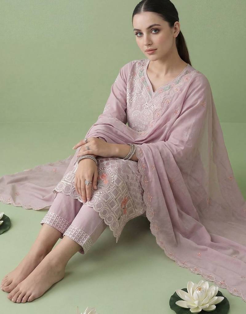 Women Floral Embroidered Regular Sequinned Pure Cotton Kurta with Trousers & With Dupatta